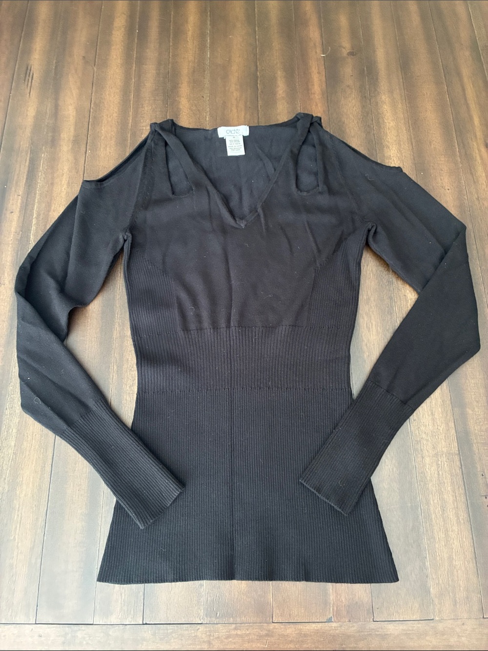 Cache Black Cold-Shoulder V-Neck Ribbed Long-Sleeve Top
